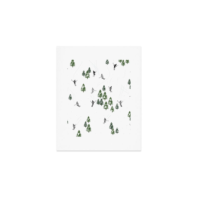 Monochrome aerial skiers illustration Art Print Gallery Image 1