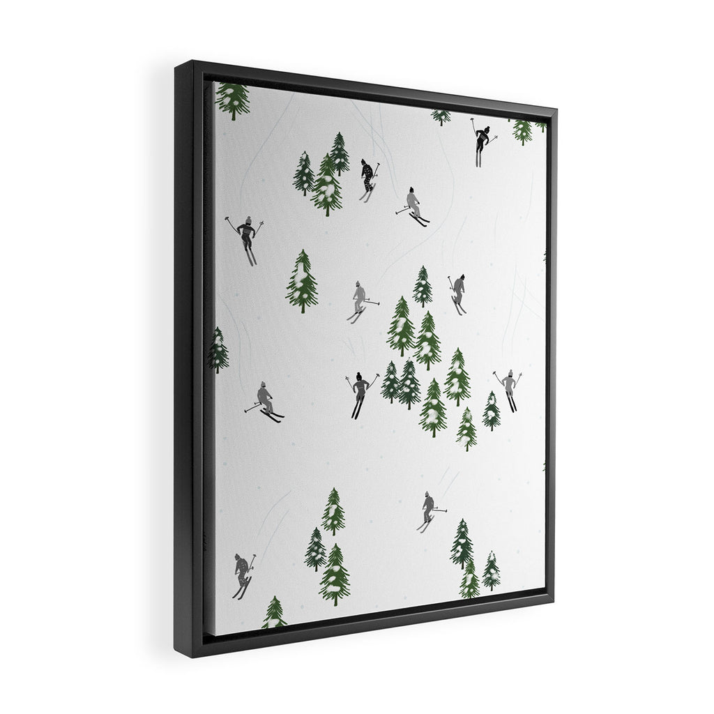 Monochrome aerial skiers illustration Framed Canvas Print Gallery Image 2