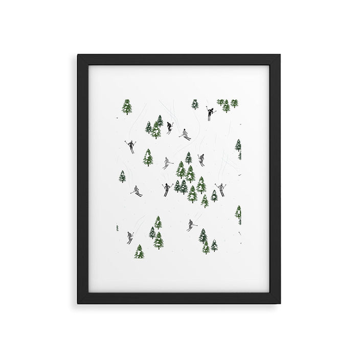 Monochrome aerial skiers illustration Framed Art Print Gallery Image 1