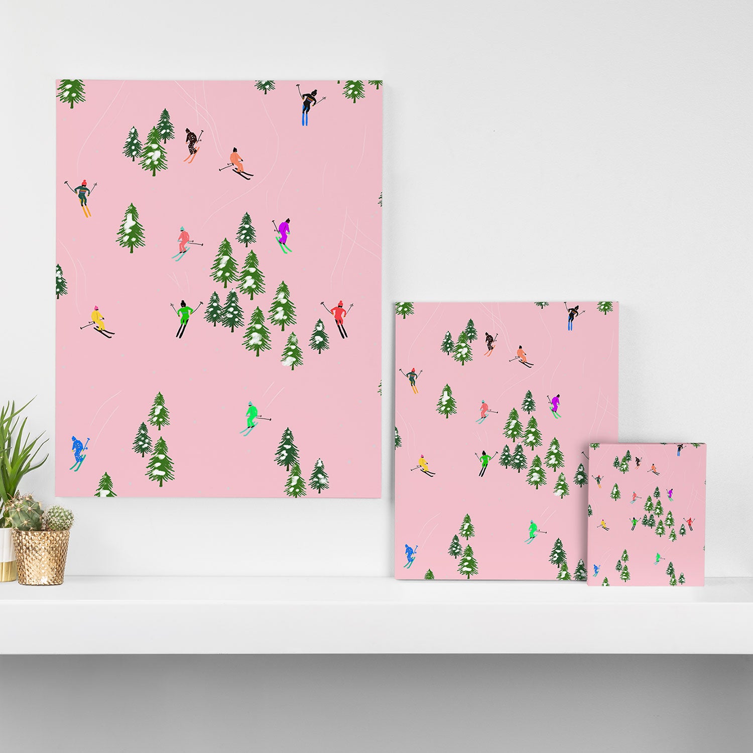 Pink retro skiers illustration - Aerial skiers Canvas Print Gallery Image 3