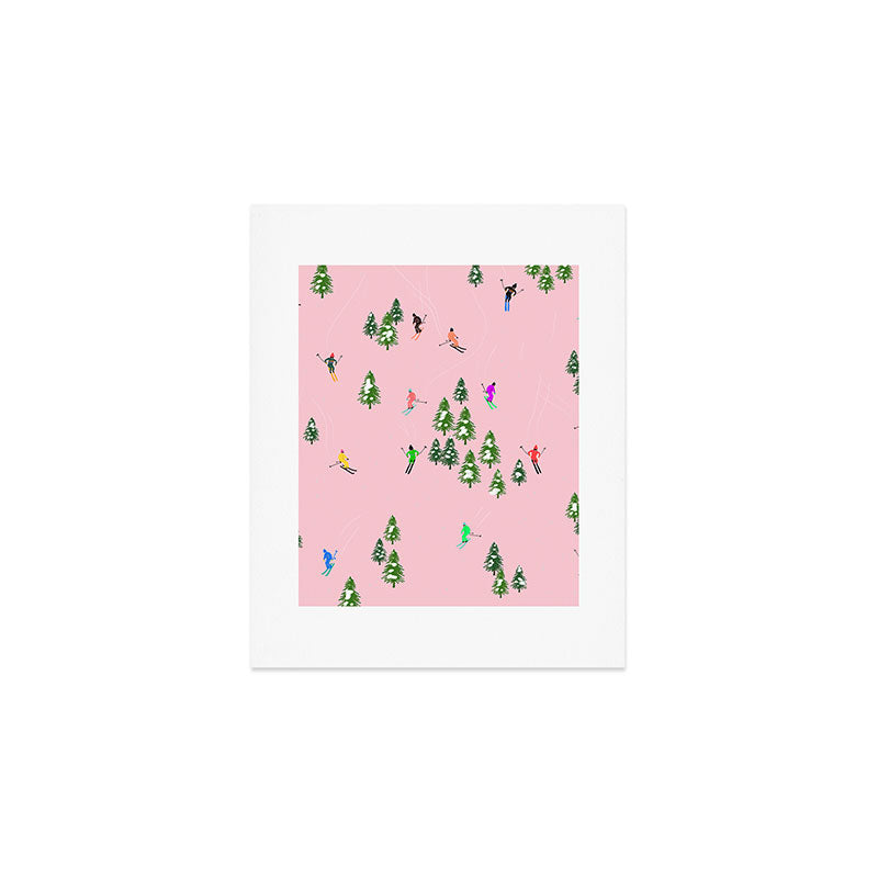 Pink retro skiers illustration - Aerial skiers Art Print Gallery Image 1