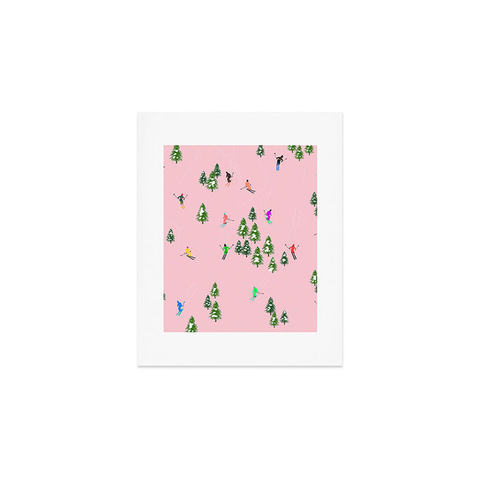 Pink retro skiers illustration - Aerial skiers Art Print Gallery Image 1
