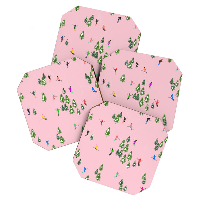 Pink retro skiers illustration - Aerial skiers Coaster Gallery Image 1