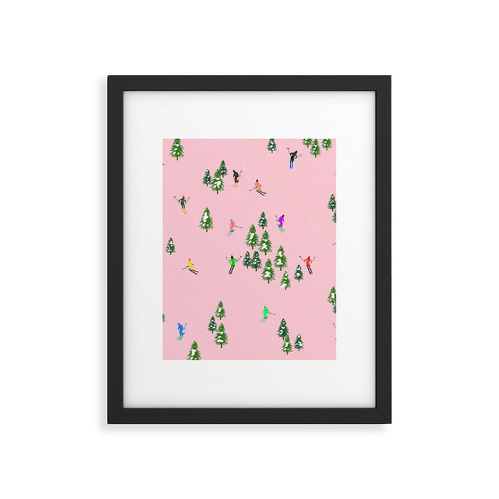 Pink retro skiers illustration - Aerial skiers Framed Art Print Gallery Image 1