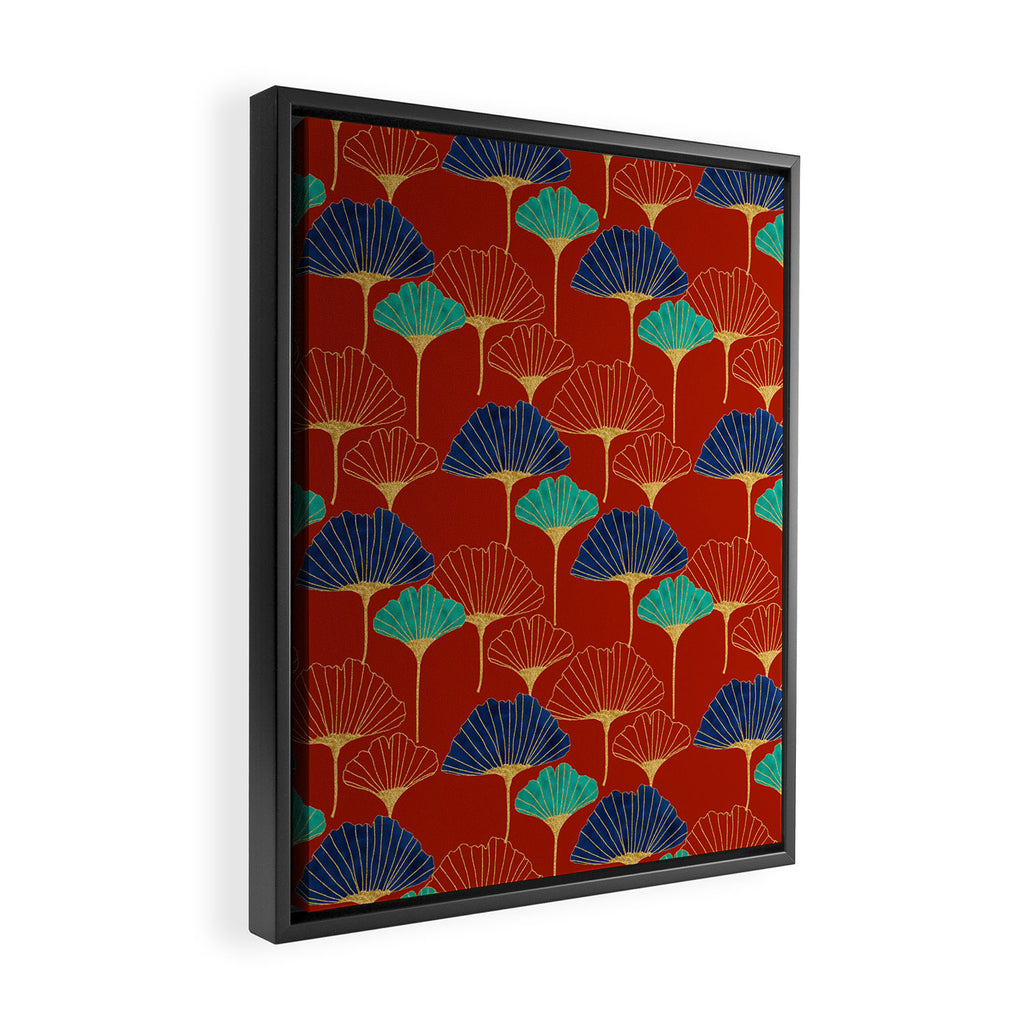 Gingko Biloba Leaves Abstract Pattern (red Background) Framed Canvas Print Gallery Image 2