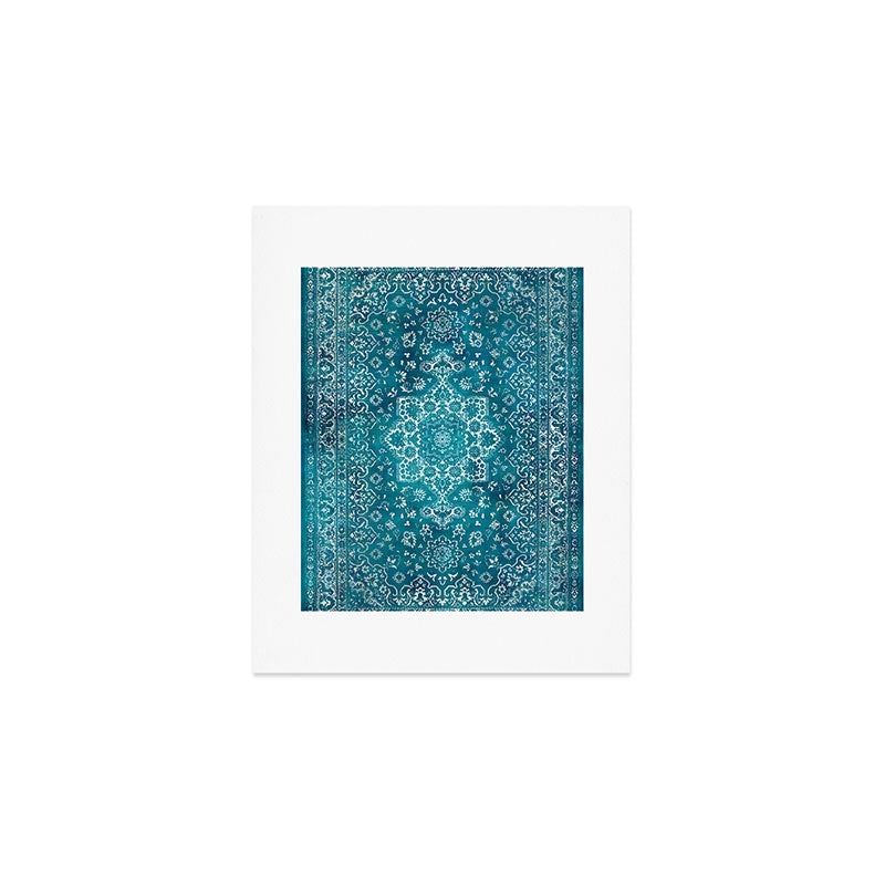 PERSIAN CARPET MONOCHROME TEAL HEAVY DISTRESSED Art Print Gallery Image 1