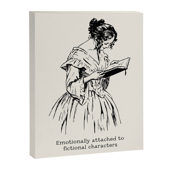 Book Lover Funny Quote - Vintage Illustration, Emotionally Attached to Fictional Characters Canvas Print Gallery Image 1