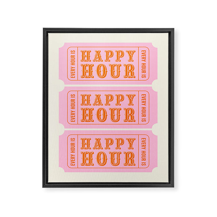Every Hour Is Happy Hour, Pink Retro Bar Ticket Framed Canvas Print Gallery Image 1