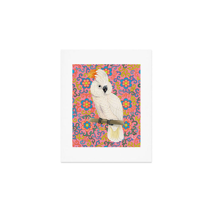 Funky Vintage Cockatoo on Retro Dopamine Floral Pattern Art Print Gallery Image 1