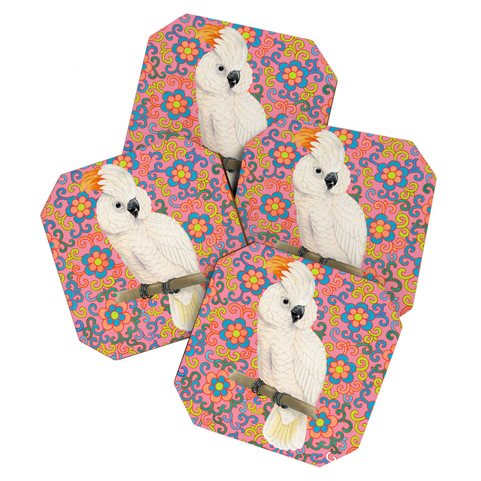 Funky Vintage Cockatoo on Retro Dopamine Floral Pattern Coaster Gallery Image 1