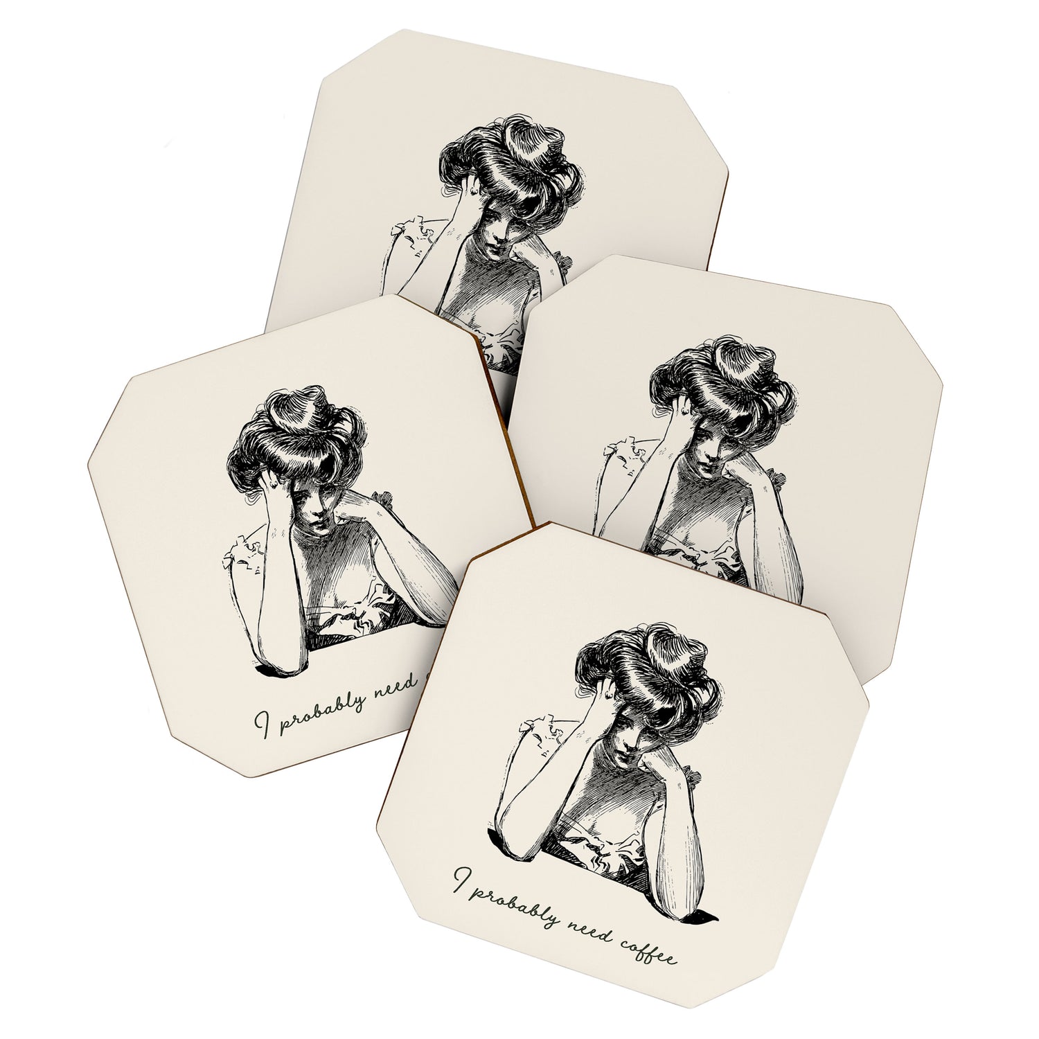 I Probably Need Coffee / Vintage Illustration / Funny Quote Coaster Gallery Image 1