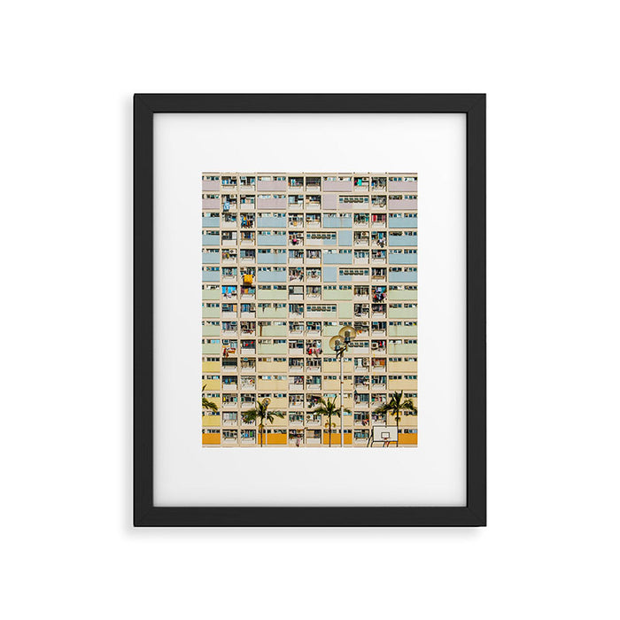 Colorful building Facade in Hong Kong - pastel color - Basketball court, Hongkong Framed Art Print Gallery Image 1