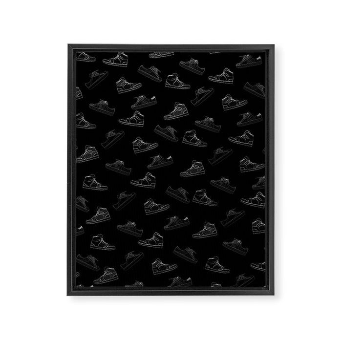 sneaker shoe pattern - white retro sneaker illustration on bla Framed Canvas Print Gallery Image 1