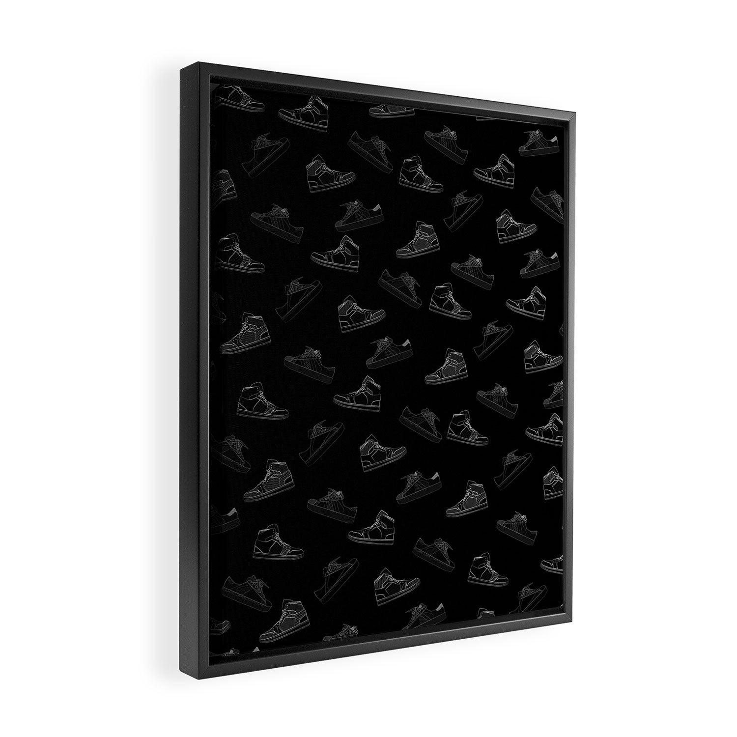 sneaker shoe pattern - white retro sneaker illustration on bla Framed Canvas Print Gallery Image 2
