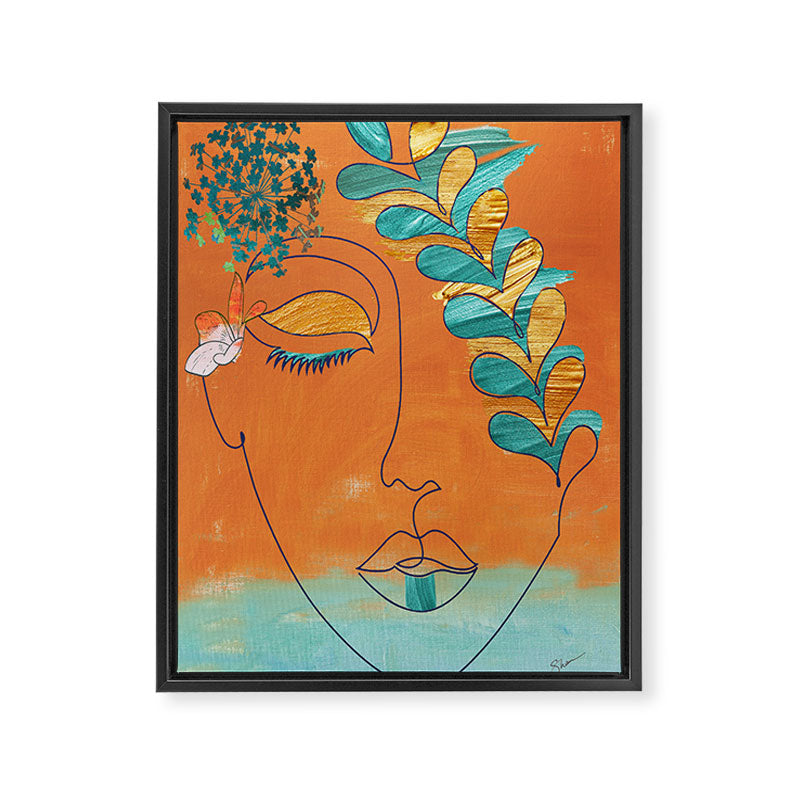 Monoline Woman Gilded Flowers Framed Canvas Print Gallery Image 3
