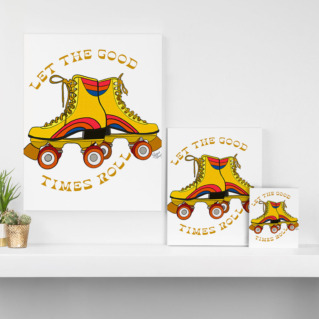 Retro Rainbow Roller Skates Let The Good Times Roll Yellow Canvas Print Gallery Image 3