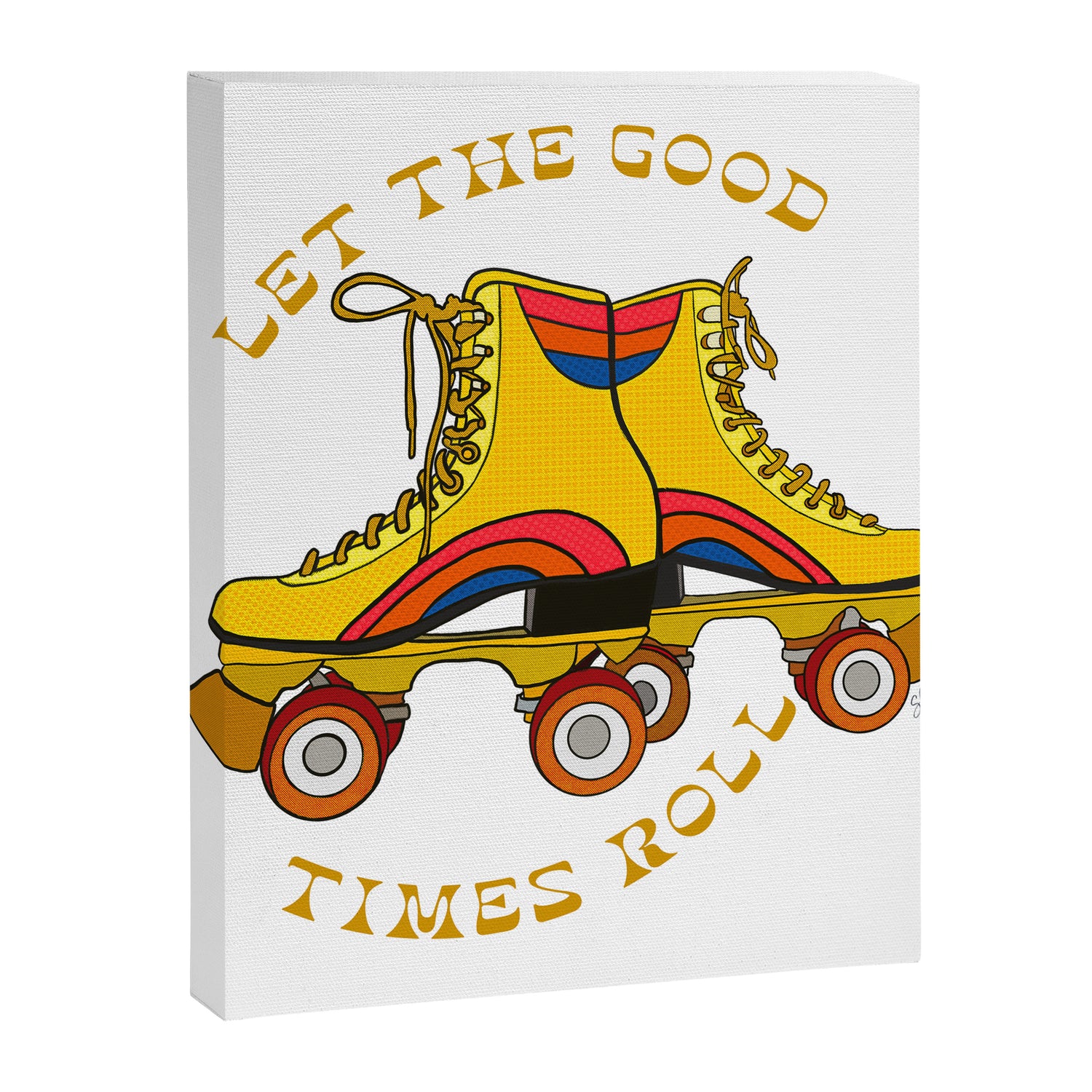 Retro Rainbow Roller Skates Let The Good Times Roll Yellow Canvas Print Gallery Image 3