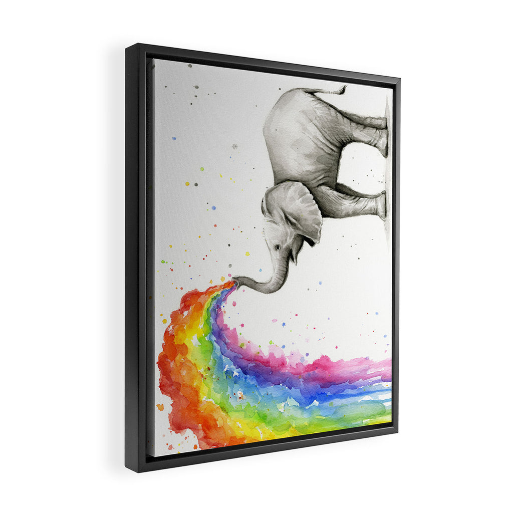 Baby Elephant Spraying Rainbow Framed Canvas Print Gallery Image 2