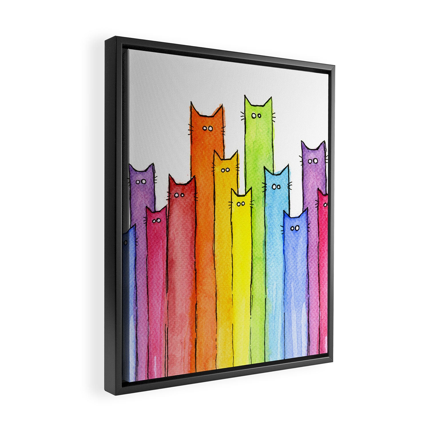 Cat Rainbow Watercolor Pattern Framed Canvas Print Gallery Image 2