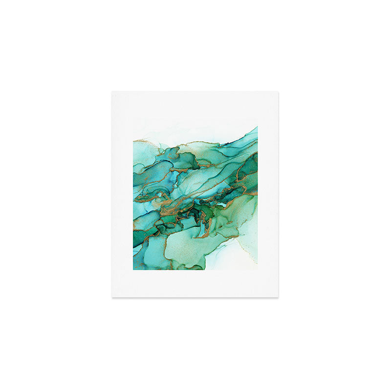 Emerald Gold Waves Abstract Ink Art Print Gallery Image 1