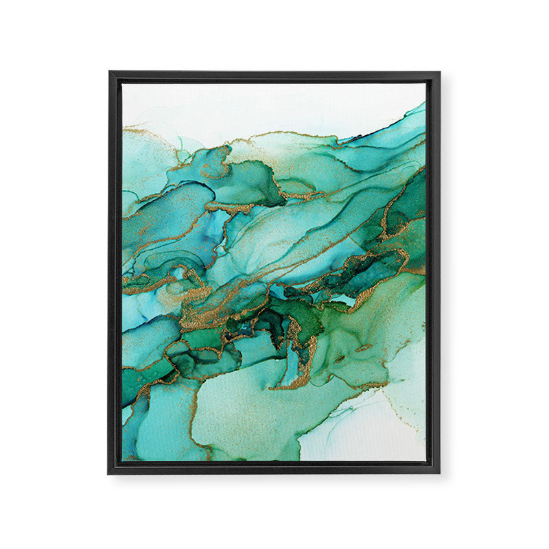 Emerald Gold Waves Abstract Ink Framed Canvas Print Gallery Image 8