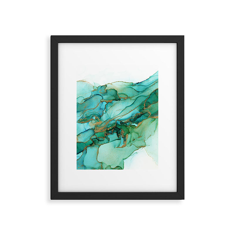 Emerald Gold Waves Abstract Ink Framed Art Print Gallery Image 6