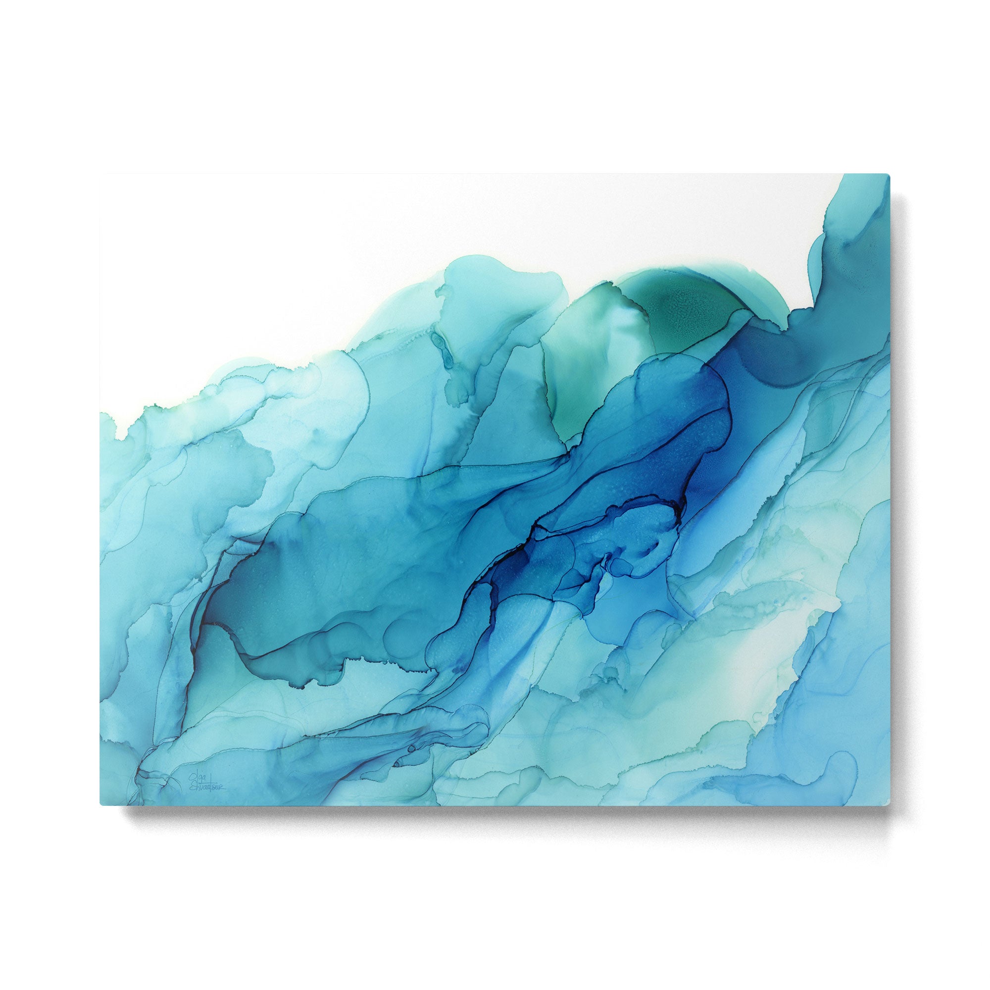 Emerald Sea Waves - Abstract Ombre Flowing Ink Metal Print Gallery Image 4