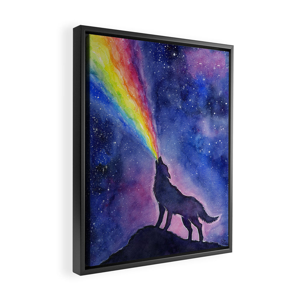 Galaxy Wolf Howling Rainbow Framed Canvas Print Gallery Image 2