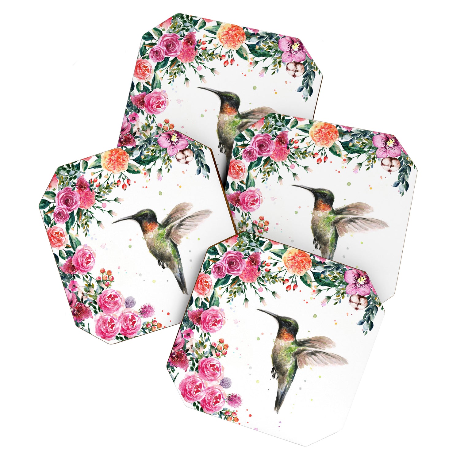Hummingbird and Flowers Watercolor Animals Coaster Gallery Image 1