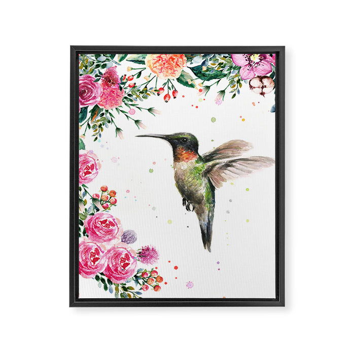 Hummingbird and Flowers Watercolor Animals Framed Canvas Print Gallery Image 1