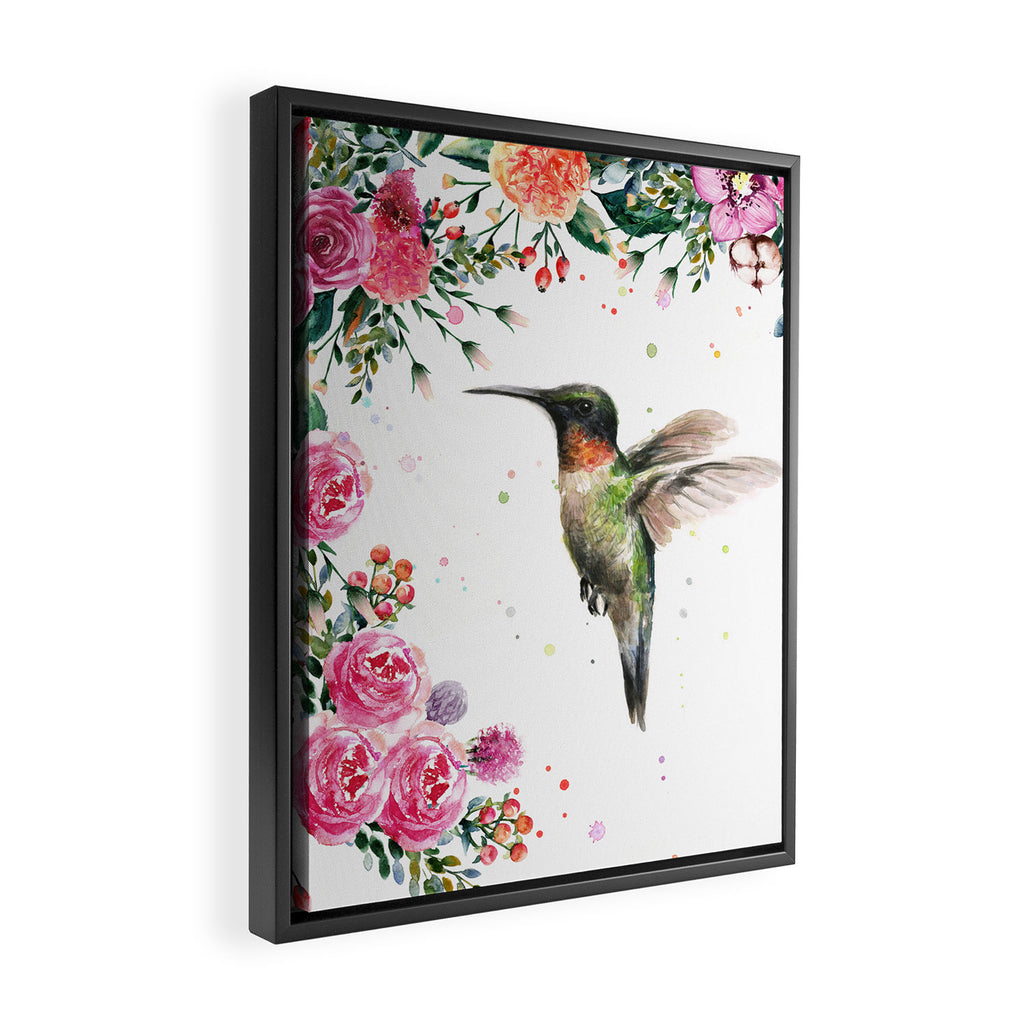 Hummingbird and Flowers Watercolor Animals Framed Canvas Print Gallery Image 2