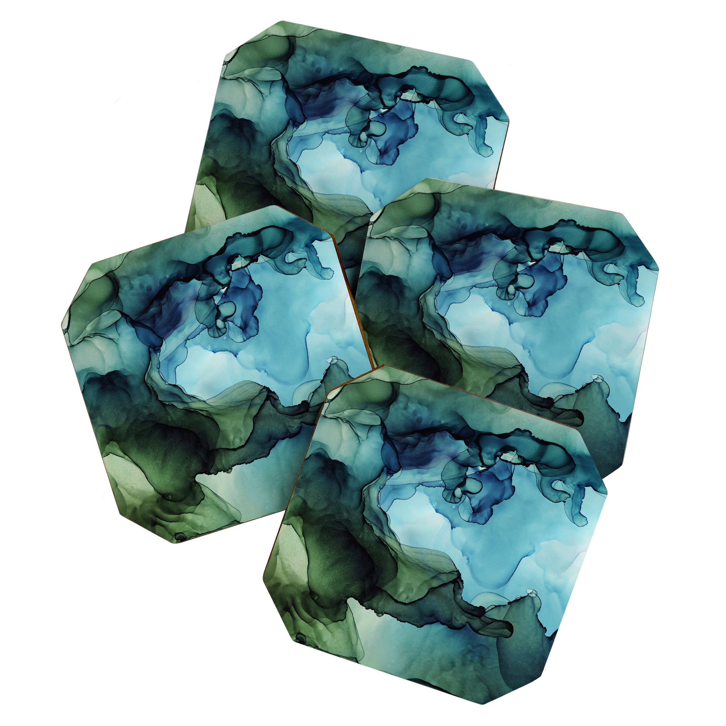 Land and Water Abstract Ink Painting Blues and Greens Coaster Gallery Image 1