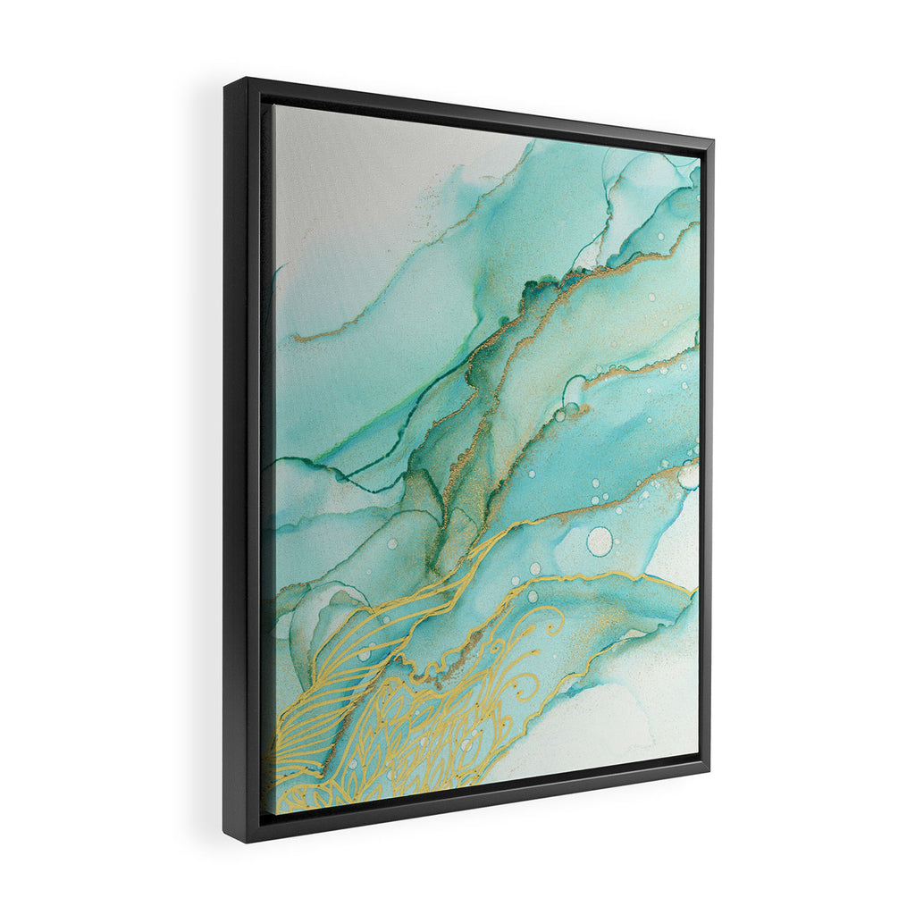Magic Bloom Flowing Teal Blue Gold Framed Canvas Print Gallery Image 2