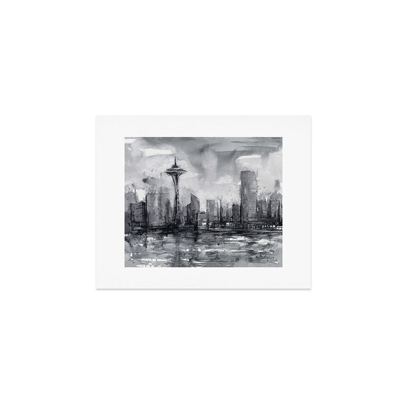 Seattle Skyline Painting Watercolor Black and White Space Needle Art Print Gallery Image 1