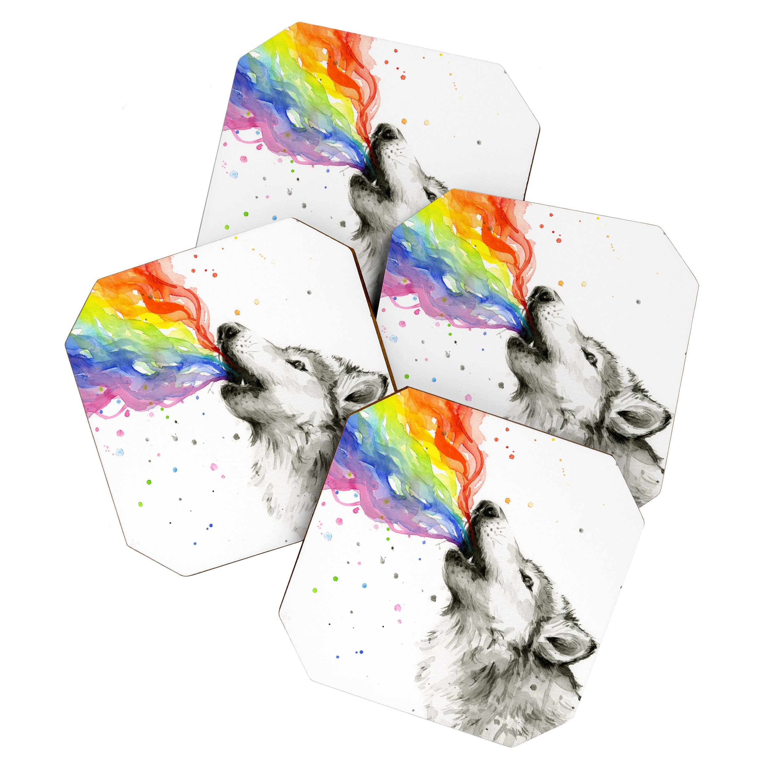 Wolf Howling Rainbow Watercolor Coaster Gallery Image 1
