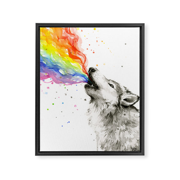 Wolf Howling Rainbow Watercolor Framed Canvas Print Gallery Image 1