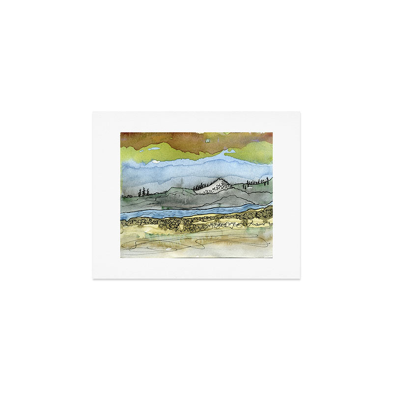 Mountains and River Watercolor Landscape abstract Art Print Gallery Image 1