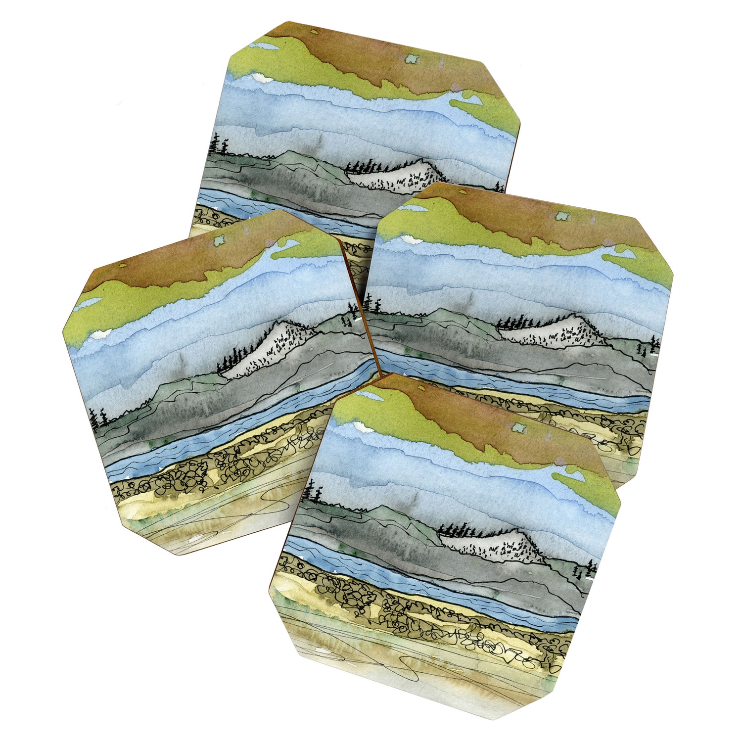 Mountains and River Watercolor Landscape abstract Coaster Gallery Image 1