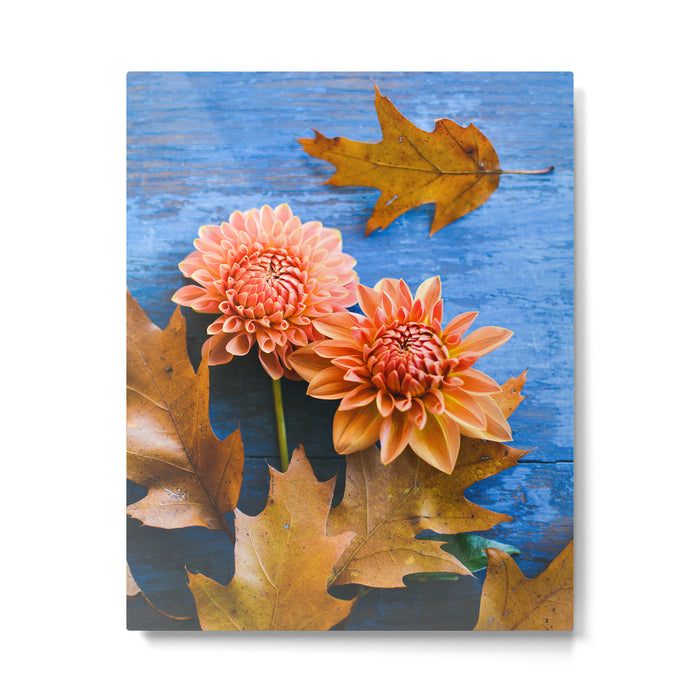 Oak Leaves and Dahlia Flowers Metal Print Gallery Image 1