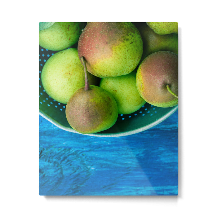 Pears on a Blue Table Metal Print Gallery Image 1