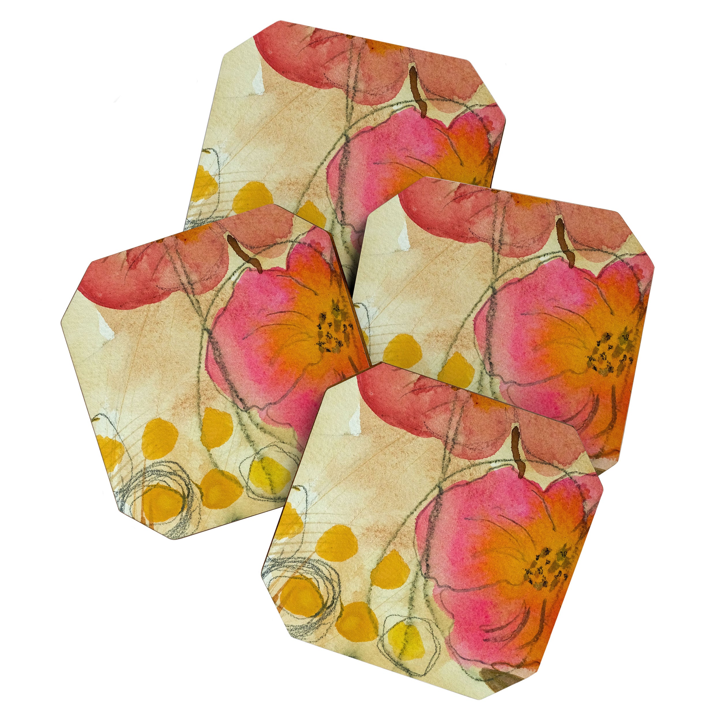 petals and circles mixed media floral watercolor abstract Coaster Gallery Image 1