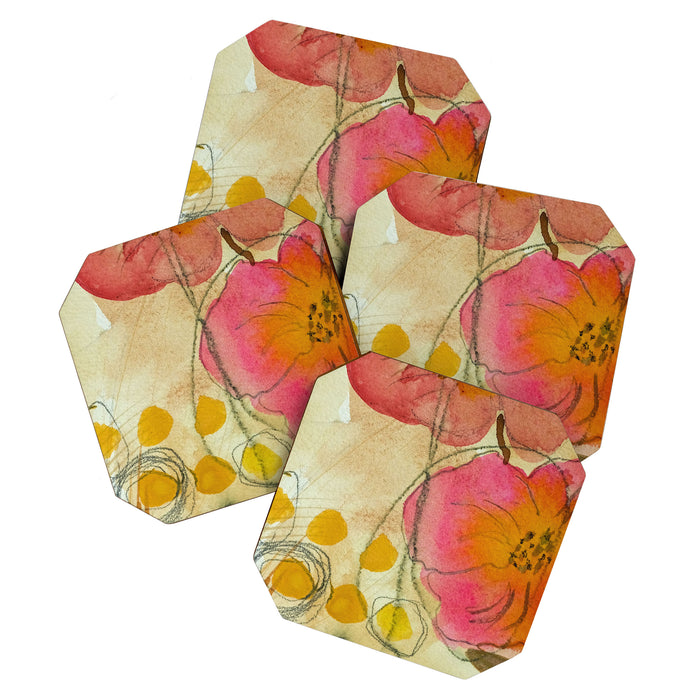 petals and circles mixed media floral watercolor abstract Coaster Gallery Image 1