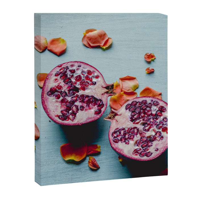 Pomegranate and Rose Petals - blue botanical flower food still life art Canvas Print Gallery Image 1