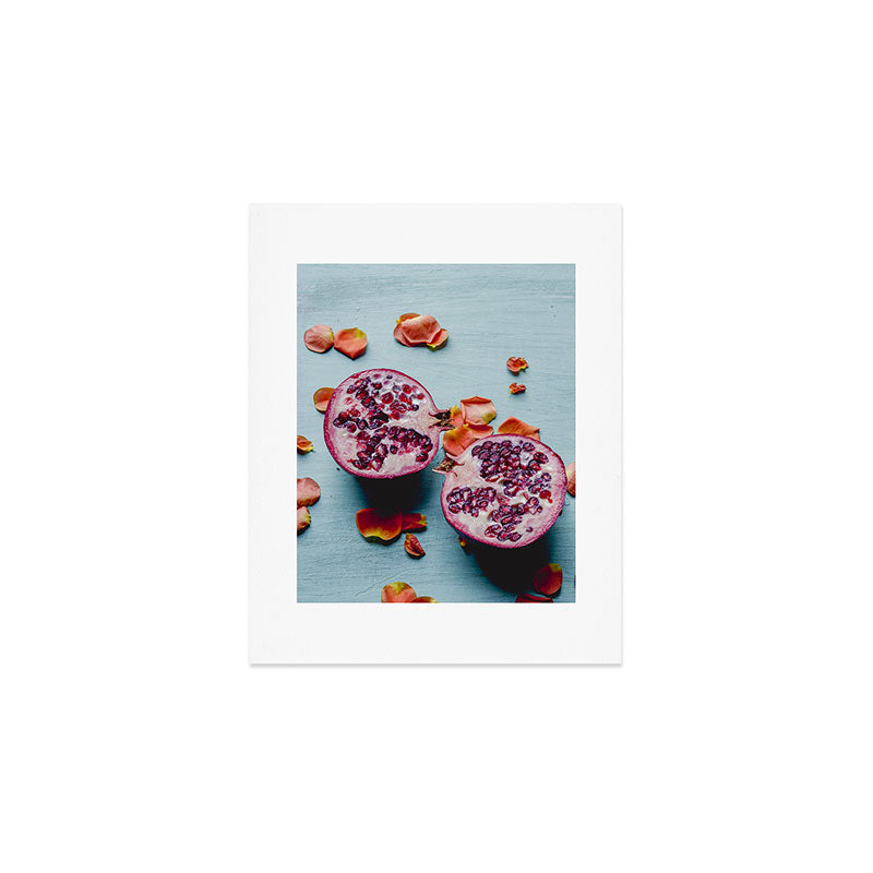 Pomegranate and Rose Petals - blue botanical flower food still life art Art Print Gallery Image 1