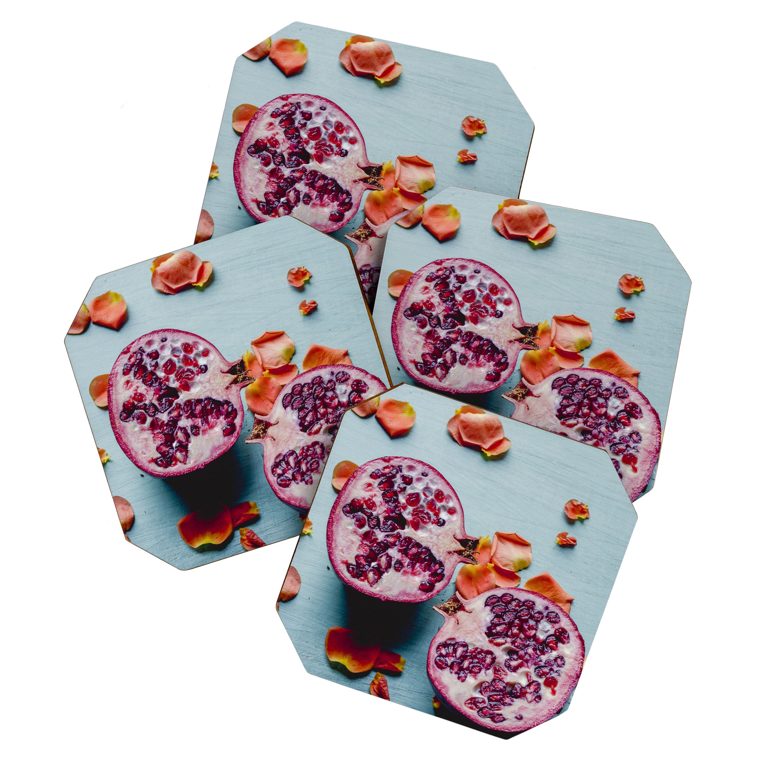 Pomegranate and Rose Petals - blue botanical flower food still life art Coaster Gallery Image 1