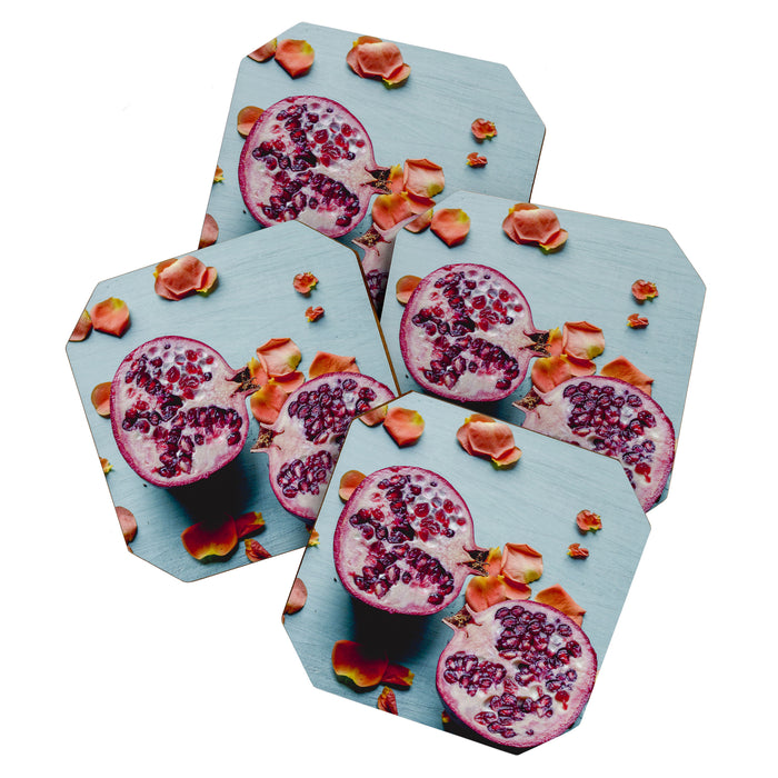 Pomegranate and Rose Petals - blue botanical flower food still life art Coaster Gallery Image 1