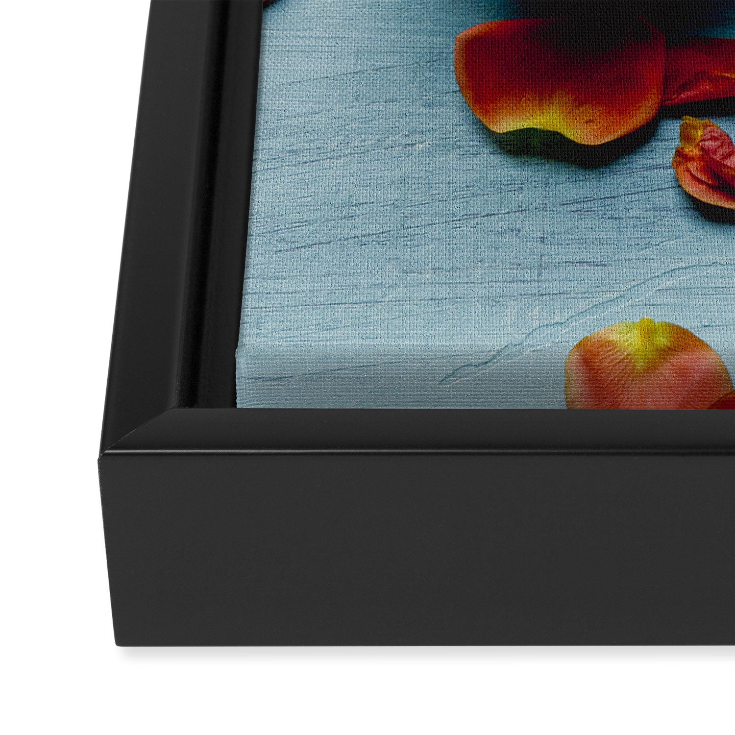 Pomegranate and Rose Petals - blue botanical flower food still life art Framed Canvas Print Gallery Image 3