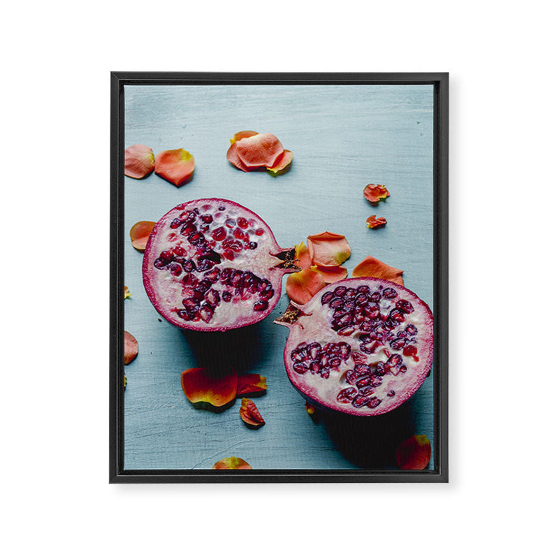 Pomegranate and Rose Petals - blue botanical flower food still life art Framed Canvas Print Gallery Image 6