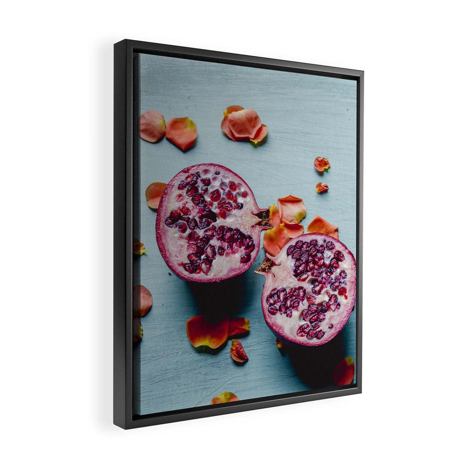 Pomegranate and Rose Petals - blue botanical flower food still life art Framed Canvas Print Gallery Image 2