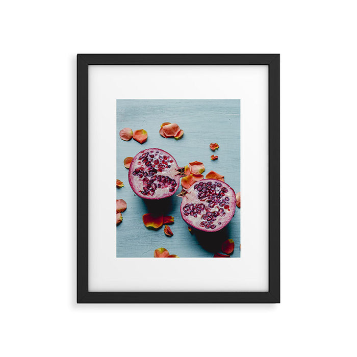 Pomegranate and Rose Petals - blue botanical flower food still life art Framed Art Print Gallery Image 1